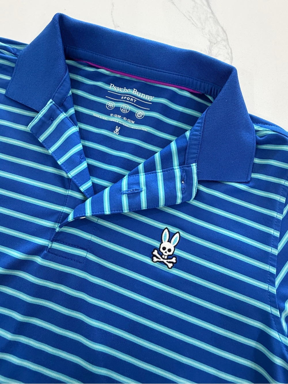 Psycho Bunny Sport Boys Polo Shirt Size M 10-12 Blue Striped Short Sleeve